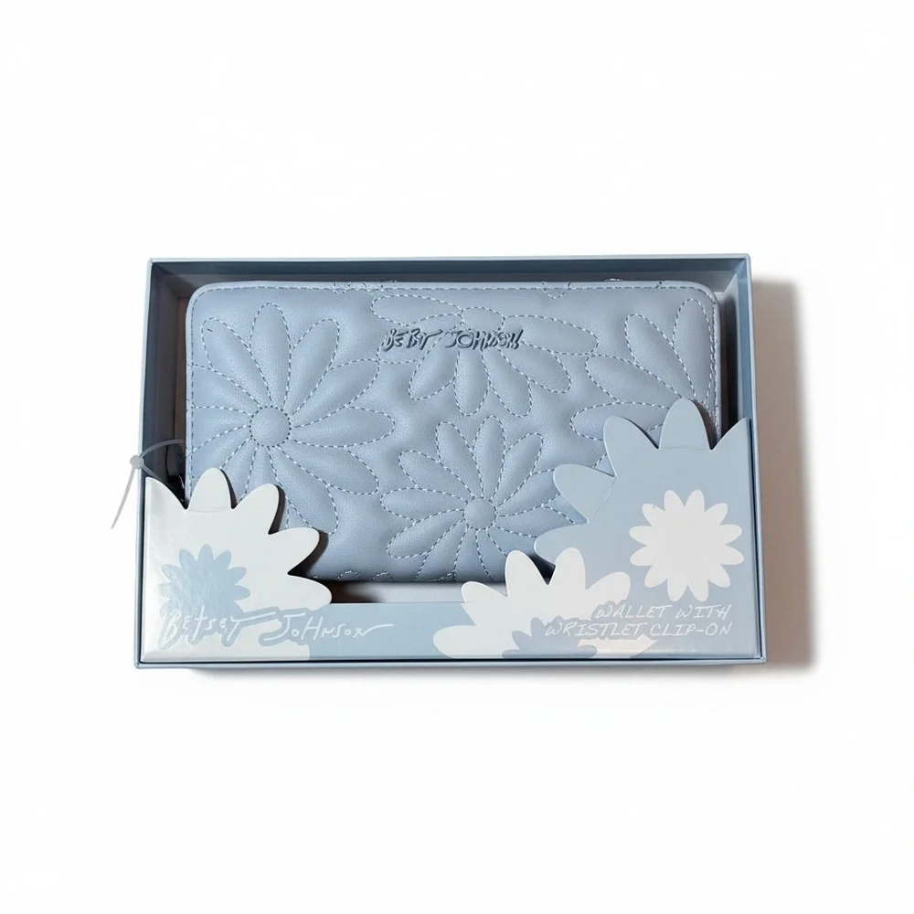 Betsey Johnson Baby Blue Floral Wallet with clip on Wristlet